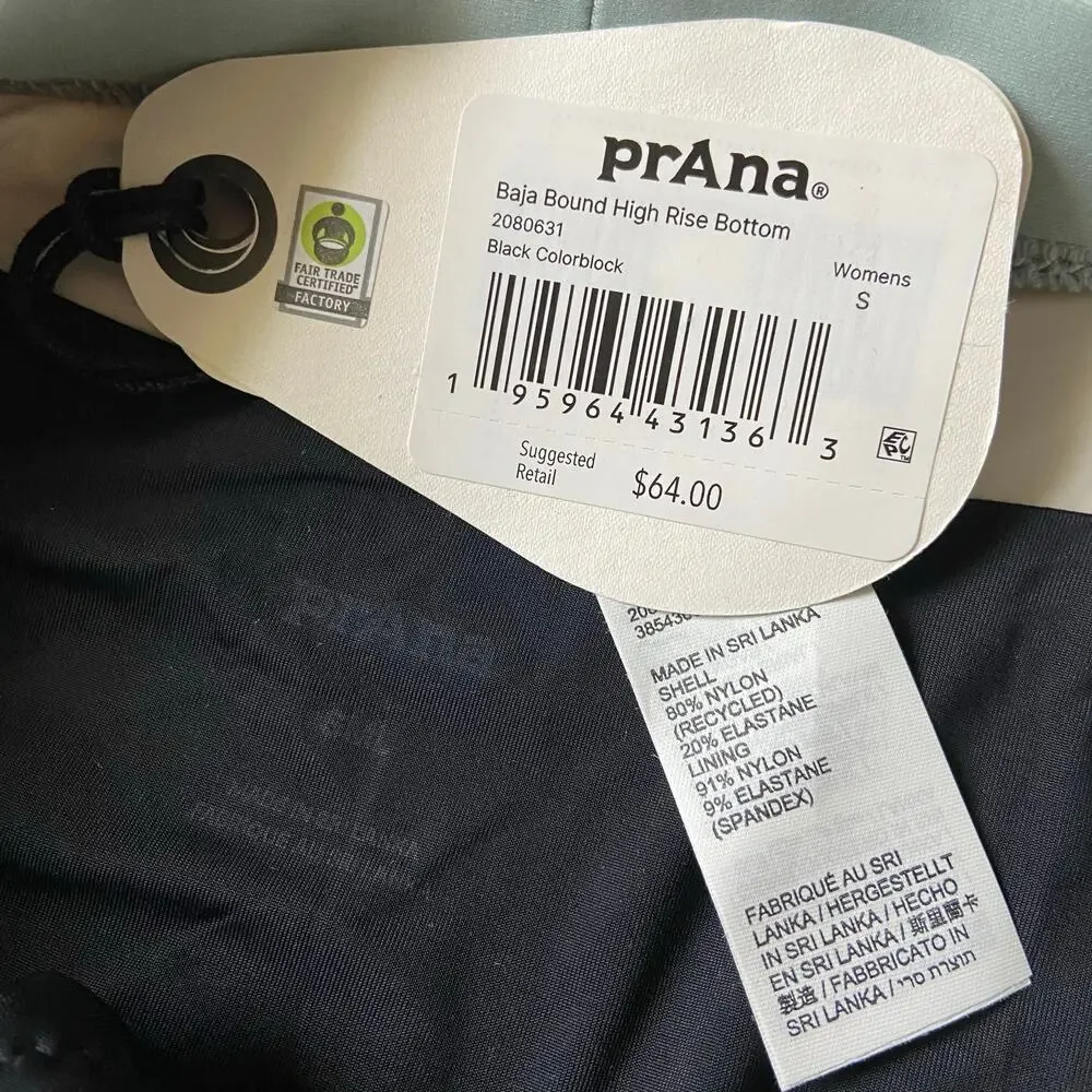 Prana Baja Bound High Rise Swim Bottom Women's S Black Colorblock Bikini Brief
